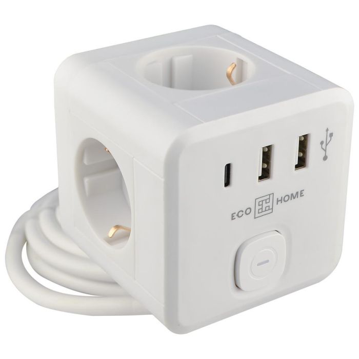 Подовжувач "куб" Ornat на 3 розетки з кабелем 3 метри та USB + Type C білий