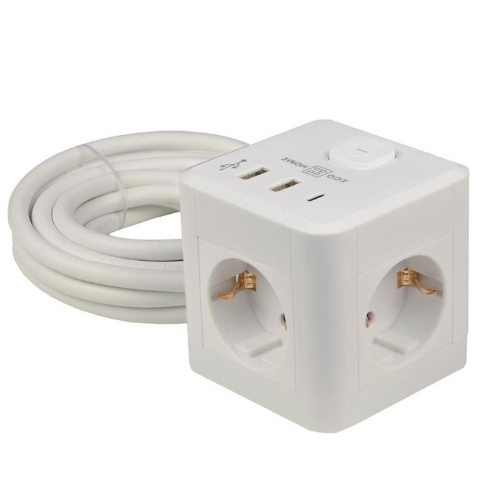 Подовжувач "куб" Ornat на 3 розетки з кабелем 3 метри та USB + Type C білий