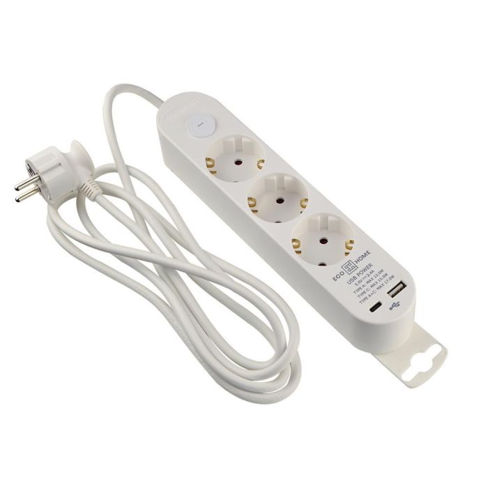 Подовжувач побутовий Ornat на 3 розетки з кабелем 2 метри та USB + Type C білий