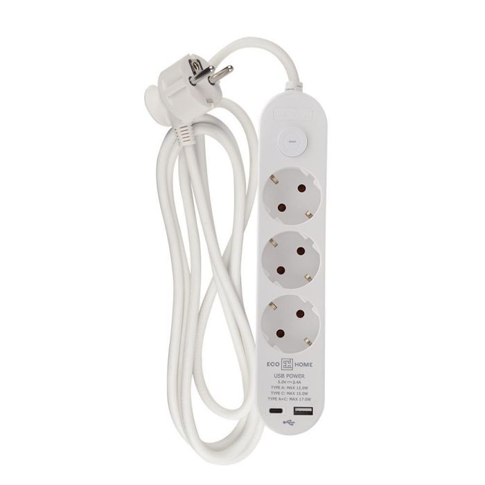 Подовжувач побутовий Ornat на 3 розетки з кабелем 2 метри та USB + Type C білий