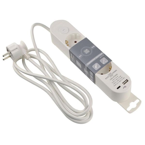 Подовжувач побутовий Ornat на 3 розетки з кабелем 2 метри та USB + Type C білий