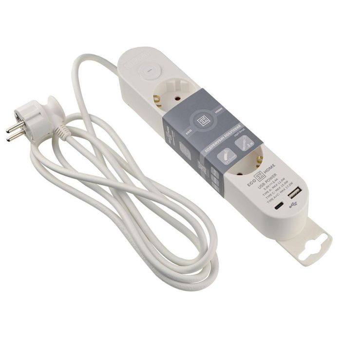 Подовжувач побутовий Ornat на 3 розетки з кабелем 2 метри та USB + Type C білий