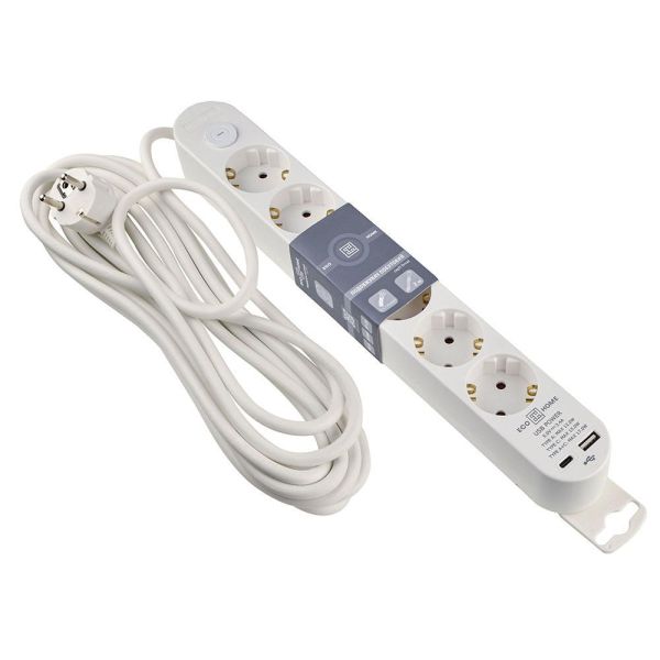 Подовжувач побутовий Ornat на 6 розеток з кабелем 5 метрів та USB + Type C білий