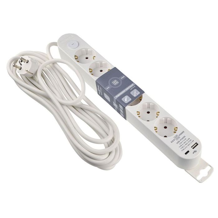 Подовжувач побутовий Ornat на 6 розеток з кабелем 5 метрів та USB + Type C білий