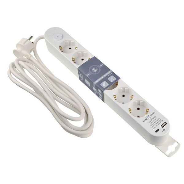 Подовжувач побутовий Ornat на 6 розеток з кабелем 3 метри та USB + Type C білий