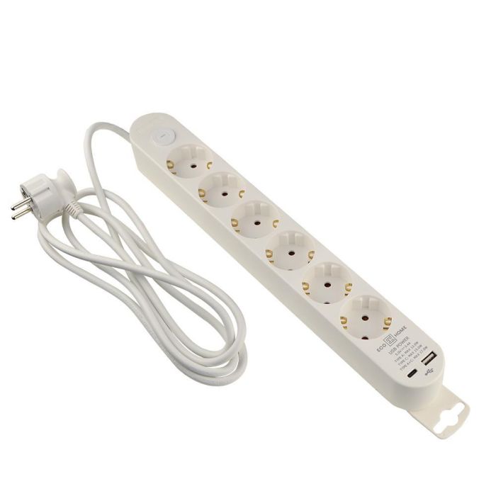 Подовжувач побутовий Ornat на 6 розеток з кабелем 2 метри та USB + Type C білий
