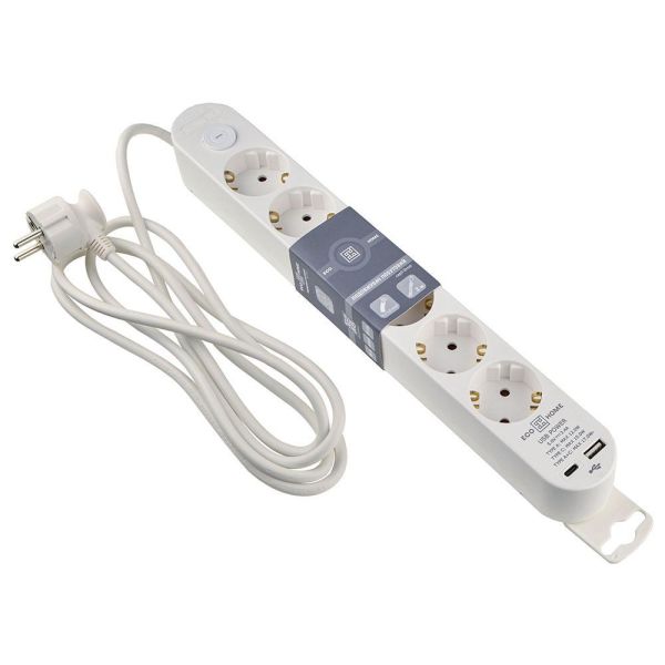 Подовжувач побутовий Ornat на 6 розеток з кабелем 2 метри та USB + Type C білий