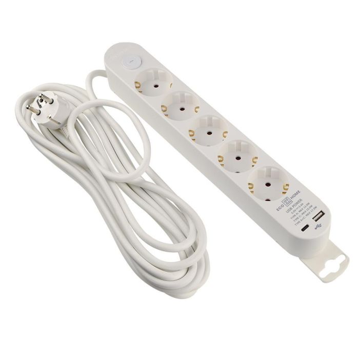 Подовжувач побутовий Ornat на 5 розеток з кабелем 5 метрів та USB + Type C білий