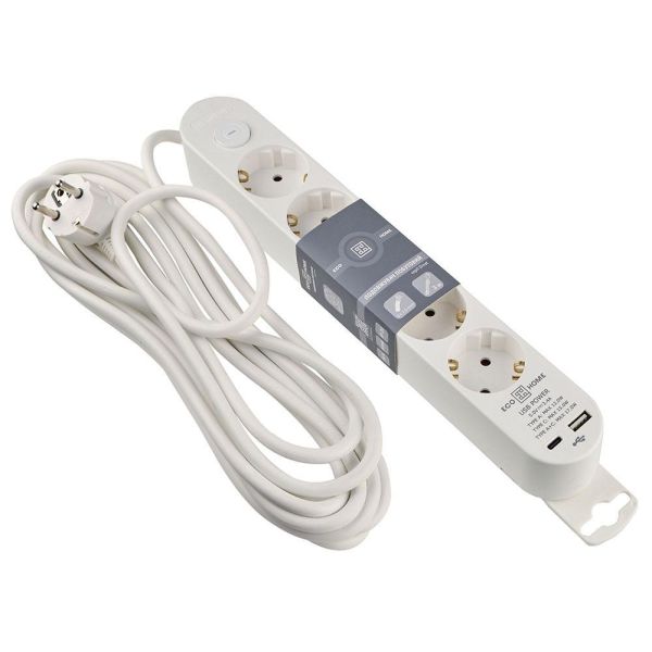 Подовжувач побутовий Ornat на 5 розеток з кабелем 5 метрів та USB + Type C білий