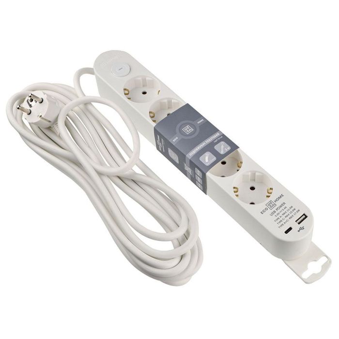Подовжувач побутовий Ornat на 5 розеток з кабелем 5 метрів та USB + Type C білий