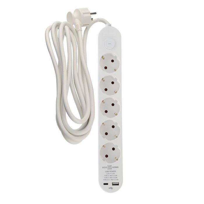 Подовжувач побутовий Ornat на 5 розеток з кабелем 3 метри та USB + Type C білий