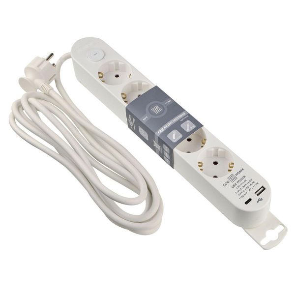 Подовжувач побутовий Ornat на 5 розеток з кабелем 3 метри та USB + Type C білий