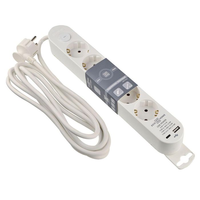 Подовжувач побутовий Ornat на 5 розеток з кабелем 3 метри та USB + Type C білий