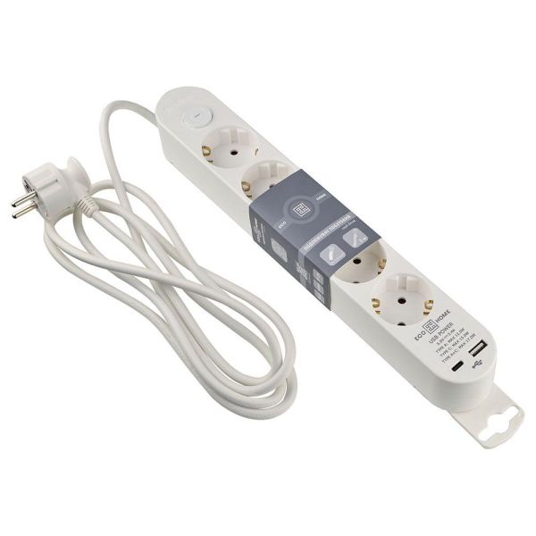 Подовжувач побутовий Ornat на 5 розеток з кабелем 2 метри та USB + Type C білий