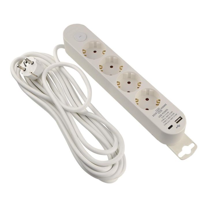 Подовжувач побутовий Ornat на 4 розетки з кабелем 5 метрів та USB + Type C білий