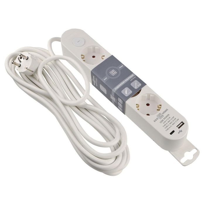Подовжувач побутовий Ornat на 4 розетки з кабелем 5 метрів та USB + Type C білий