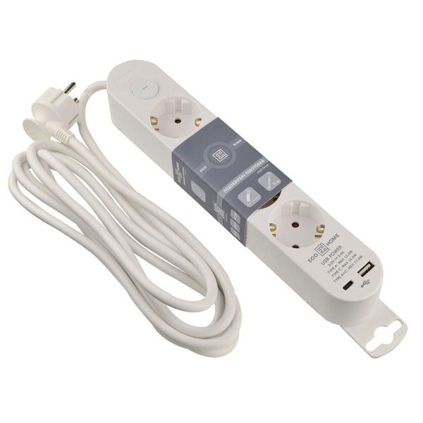 Подовжувач побутовий Ornat на 4 розетки з кабелем 3 метри та USB + Type C білий