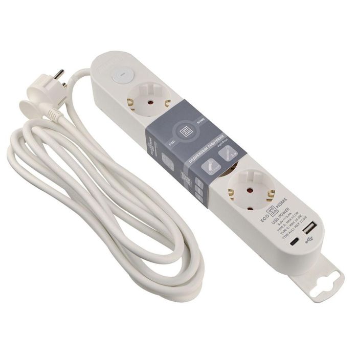 Подовжувач побутовий Ornat на 4 розетки з кабелем 3 метри та USB + Type C білий