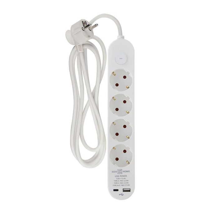 Подовжувач побутовий Ornat на 4 розетки з кабелем 2 метри та USB + Type C білий