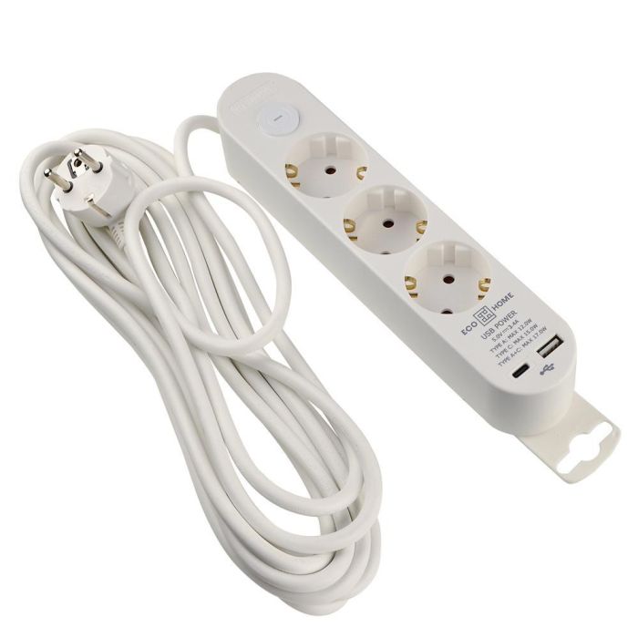 Подовжувач побутовий Ornat на 3 розетки з кабелем 5 метрів та USB+Type C білий