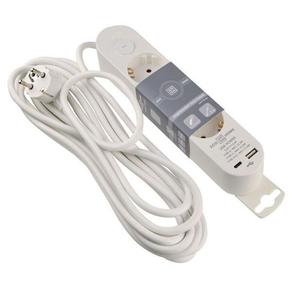 Подовжувач побутовий Ornat на 3 розетки з кабелем 5 метрів та USB+Type C білий