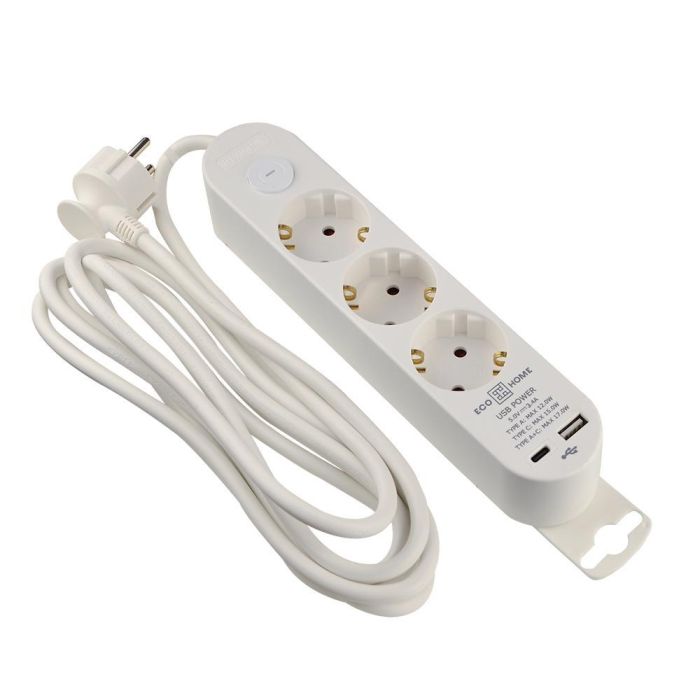 Подовжувач побутовий Ornat на 3 розетки з кабелем 3 метри та USB + Type C білий
