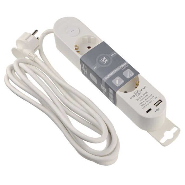 Подовжувач побутовий Ornat на 3 розетки з кабелем 3 метри та USB + Type C білий